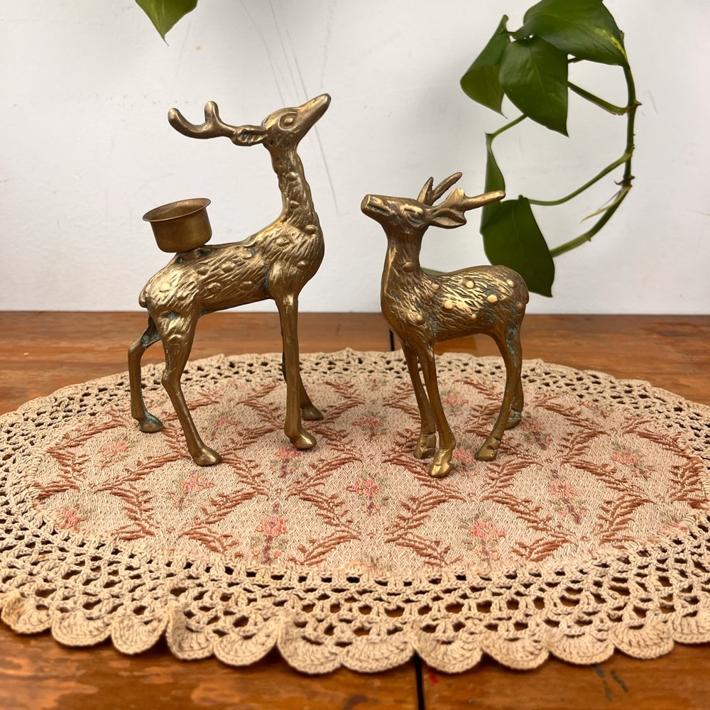 Vintage Reindeer Figurine Candle Holder Deer Brass Maximalist Antlers Patina -A